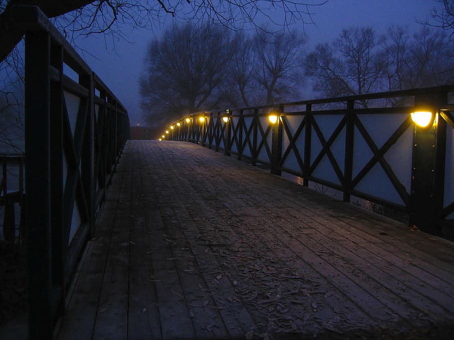 brown and black wooden bridge during nighttime, web, autumn HD wallpaper