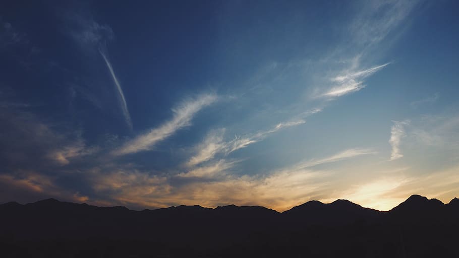 clouds, landscape, mountains, silhouette, sky, sunrise, sunset HD wallpaper