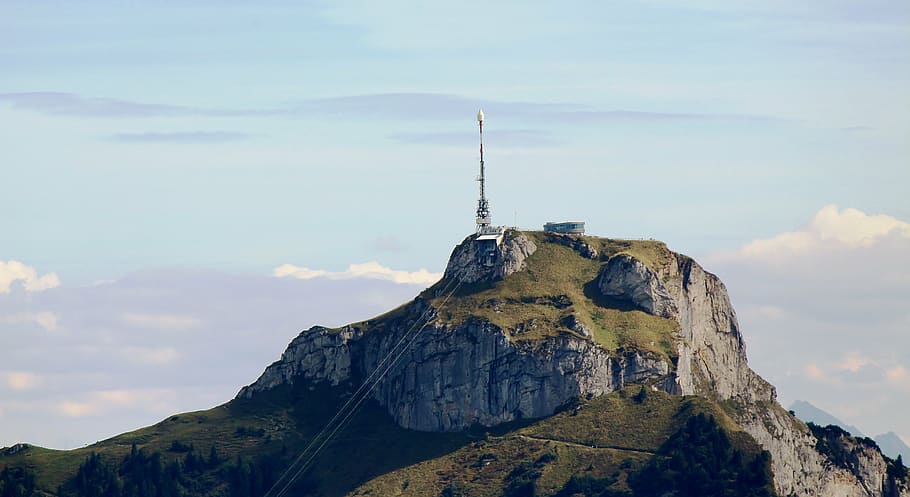 mountains, alpine, alpstein, high box, cable car, transmission tower HD wallpaper