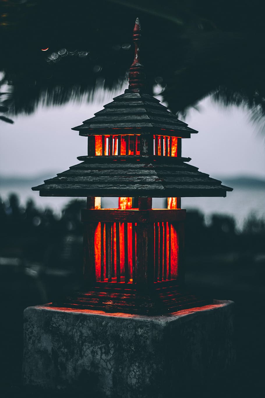red outdoor lamp on post, closeup photo of candle lantern, tree HD wallpaper