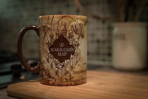 The Marauder's Map printed mug on table, cup, coffee, drink HD wallpaper