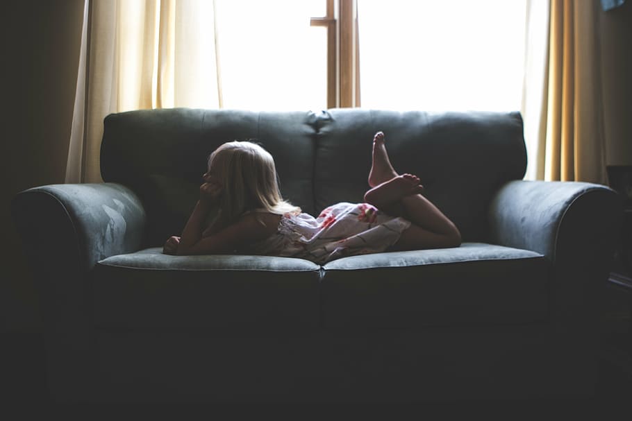 girl lying on gray sofa, black, house, interior, couch, living HD wallpaper