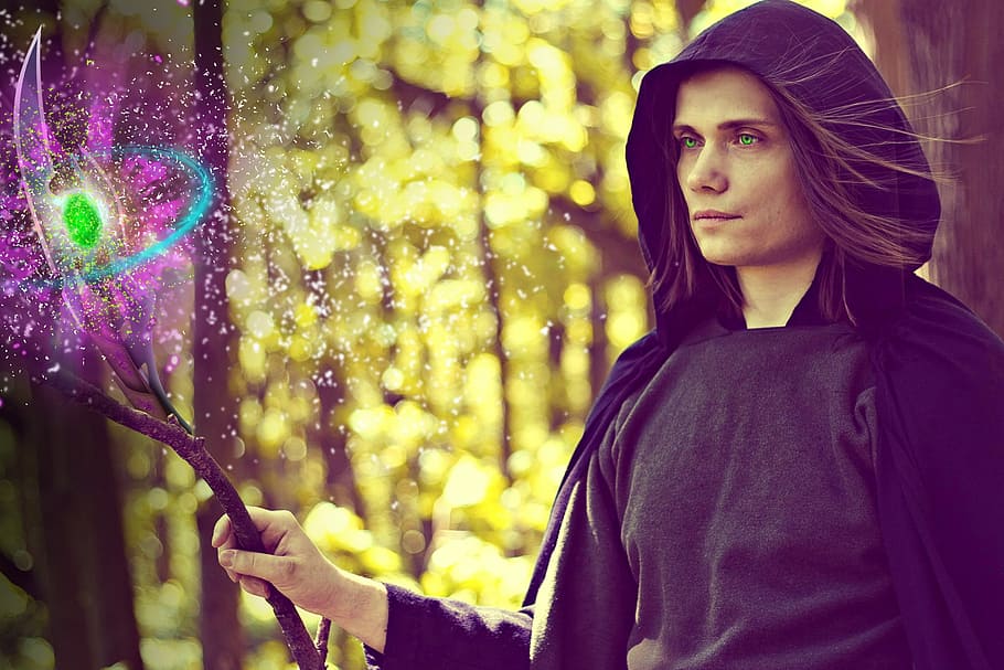 wizard holding wand, mag, witch, staff, forest, portrait, outdoors HD wallpaper