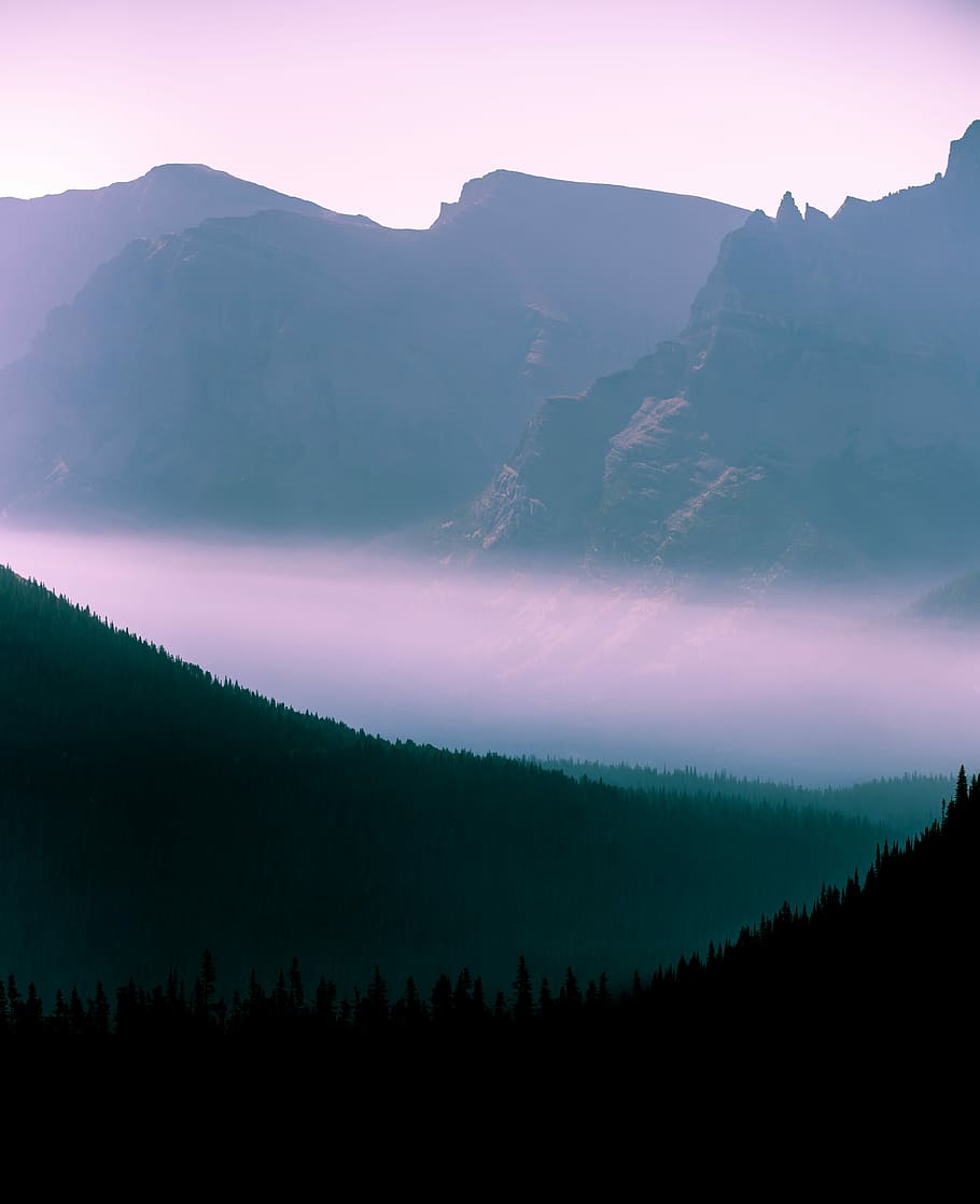 foggy mountain during daytime, fog covered mountains, purple HD wallpaper