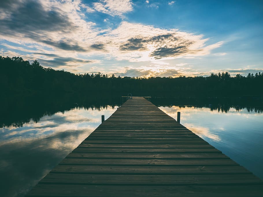 cloud, clouds, dawn, dock, forest, lake, landscape, light, outdoors HD wallpaper