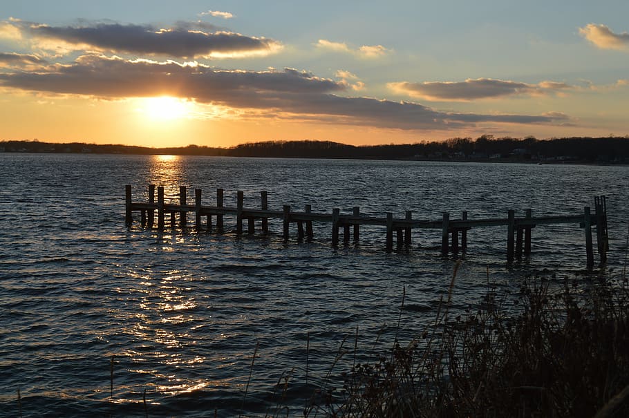 sunset, bay, long island, dock, water, nature, sky, scenics - nature HD wallpaper