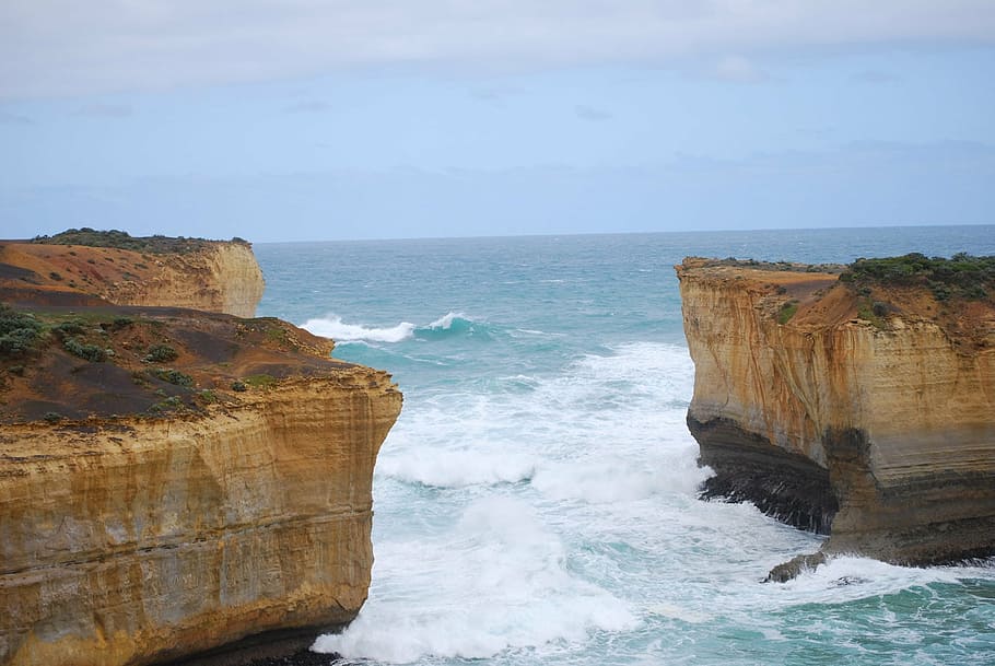sea, wild, rough, rocks, sky, australia, cliff, great Ocean Road HD wallpaper