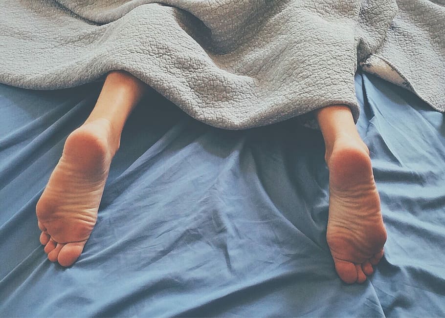 person covered with gray textile on blue textile, feet, sleep HD wallpaper