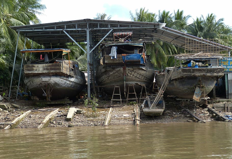 Ship, Shipyard, Dock, Water, Boot, vietnam, mekong river, wood HD wallpaper