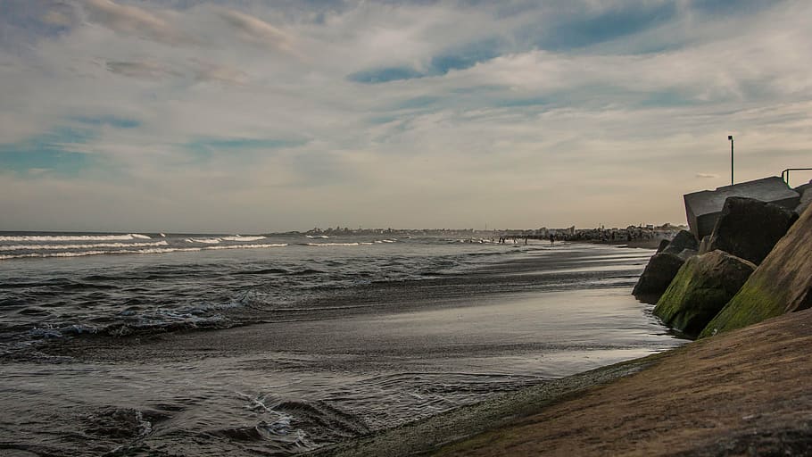 beach, sea, rock, sailing, mar del plata, sky, clouds, edge of the sea HD wallpaper