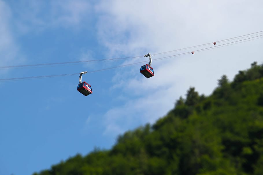 selective focus photograph of two red cable cars, ride, wire HD wallpaper