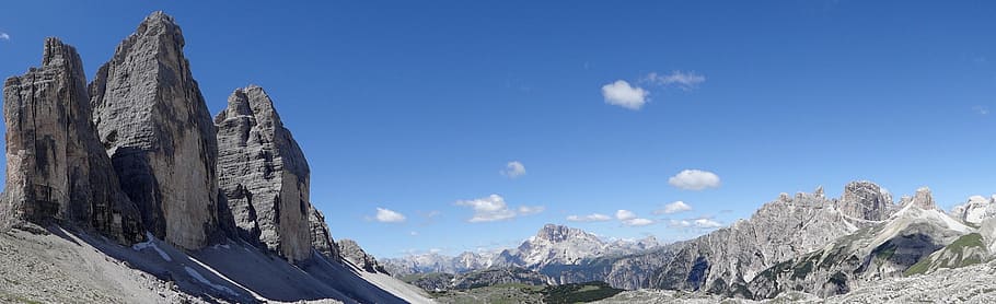panoramic photo of rocky mountain, three zinnen, mountains, alpine