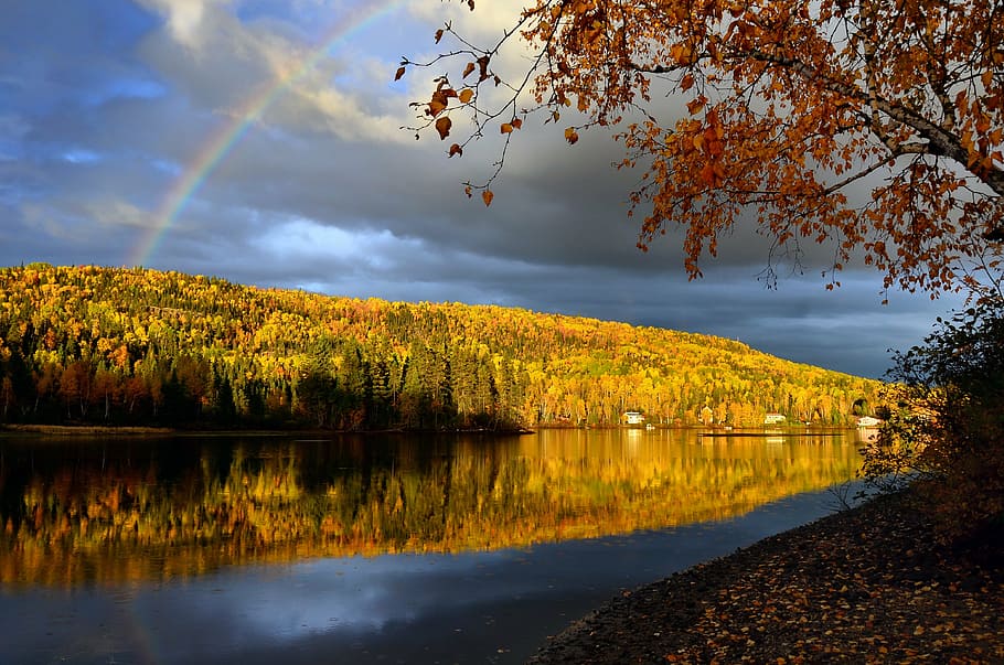 body of water between hills, rainbow, landscape, nature, fall HD wallpaper
