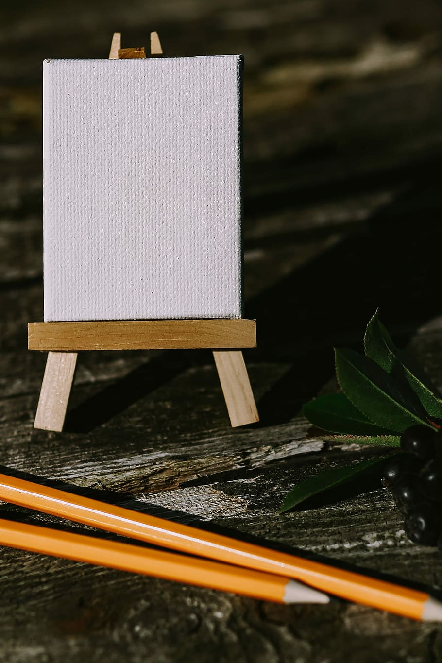 Small flowers, pencils and other things on wood, blueberries HD wallpaper