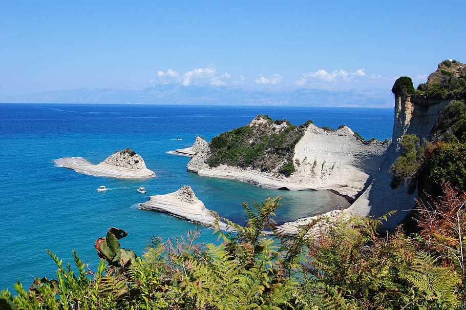 corfu, the cliffs, the coast, sea, cove, water, horizon over water