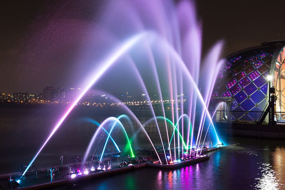 assorted-color manmade fountain at nighttime, Night View, Lighting, HD wallpaper