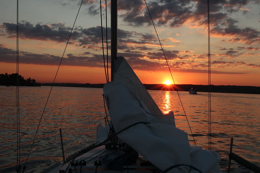 sunset, clouds, sail, sky, lake, evening sky, sunset sky, summer HD wallpaper