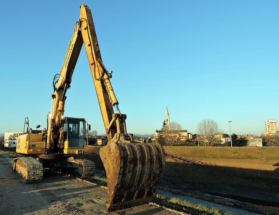 excavator, machinery, road, earthmoving, levee, bucket, excavation, HD wallpaper