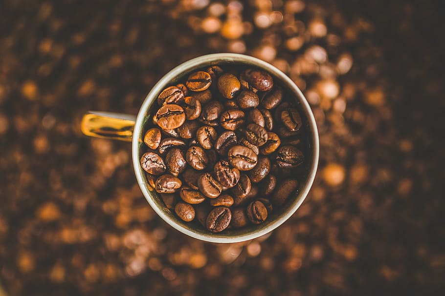 coffee bean in silver mug, filled, beans, roast, cup, roasted coffee bean HD wallpaper