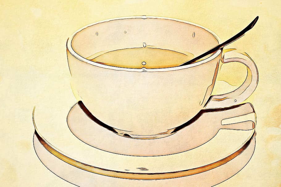 teacup with saucer and teaspoon illustration, digital, graphics HD wallpaper