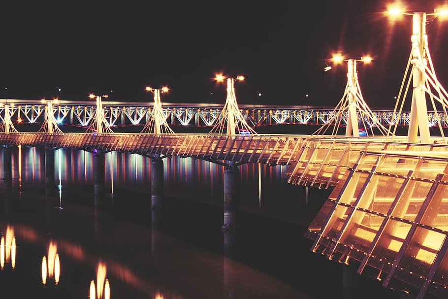 pier, lights, plock, night, river, illuminated, water, reflection HD wallpaper