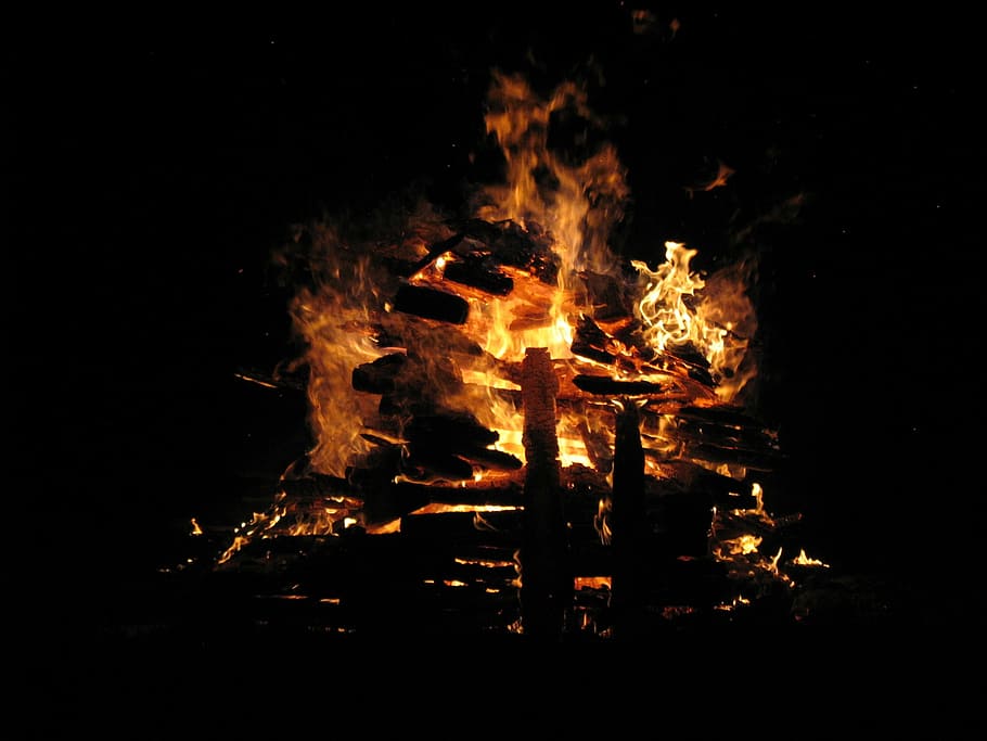 Fire, Flame, Night, Yellow, Burn, wood fire, burning woodpile HD wallpaper