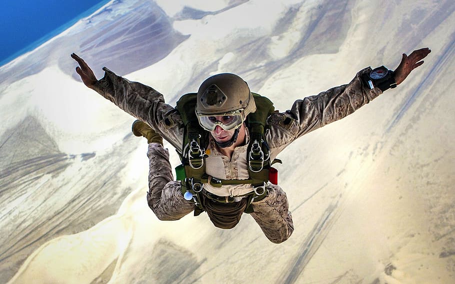 person diving, skydiving, jump, falling, parachuting, military