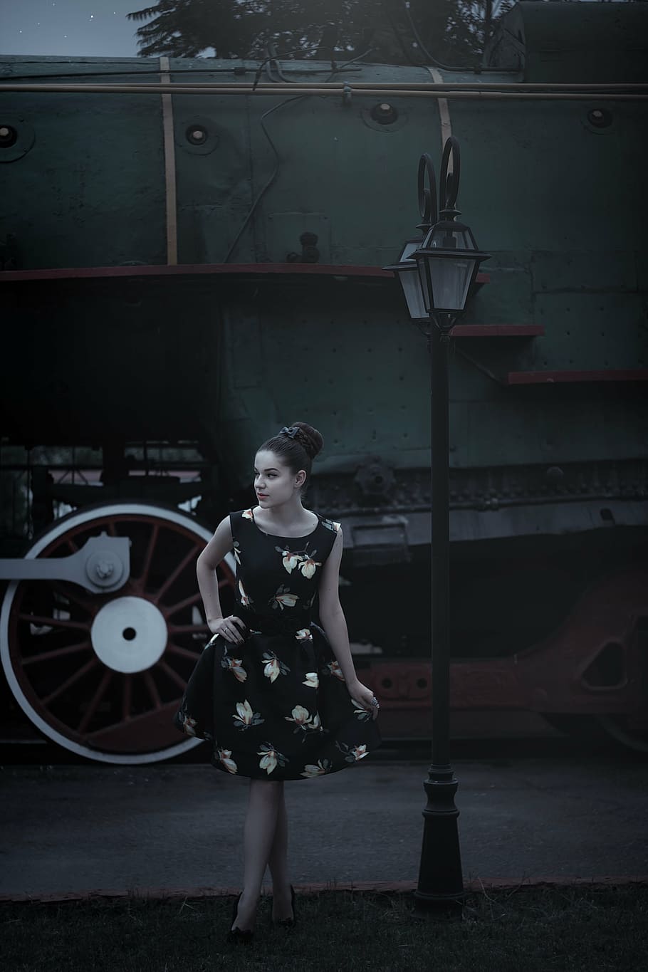 woman wearing black and white floral dress near post, pin up girl
