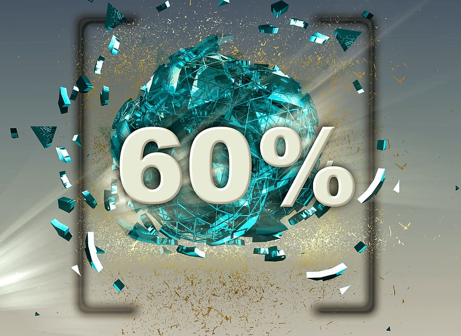 green gemstone with 60% text overlay, percent, discount, adoption statistics, HD wallpaper