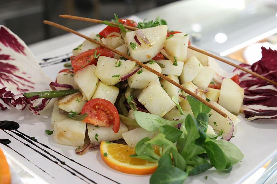 dish, salad, tomato, potatoes, green beans, oranges, seals HD wallpaper