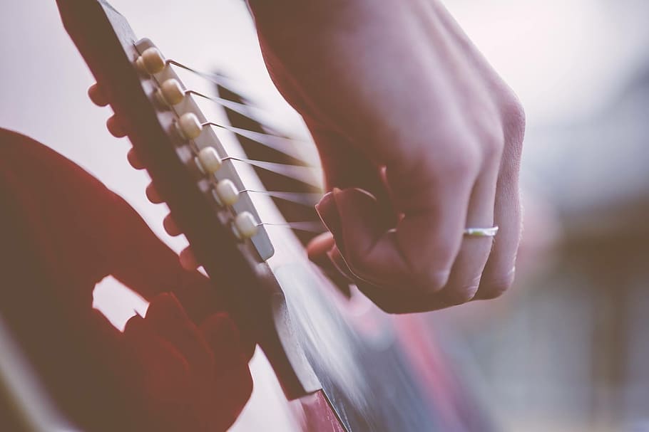 person playing guitar, hand, ring, red, shadow, music, singing HD wallpaper