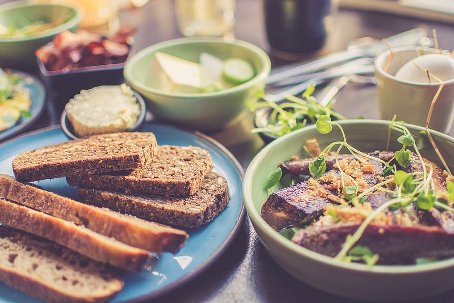 green and blue plate and bowl, bread, breakfast, cooking, cuisine HD wallpaper