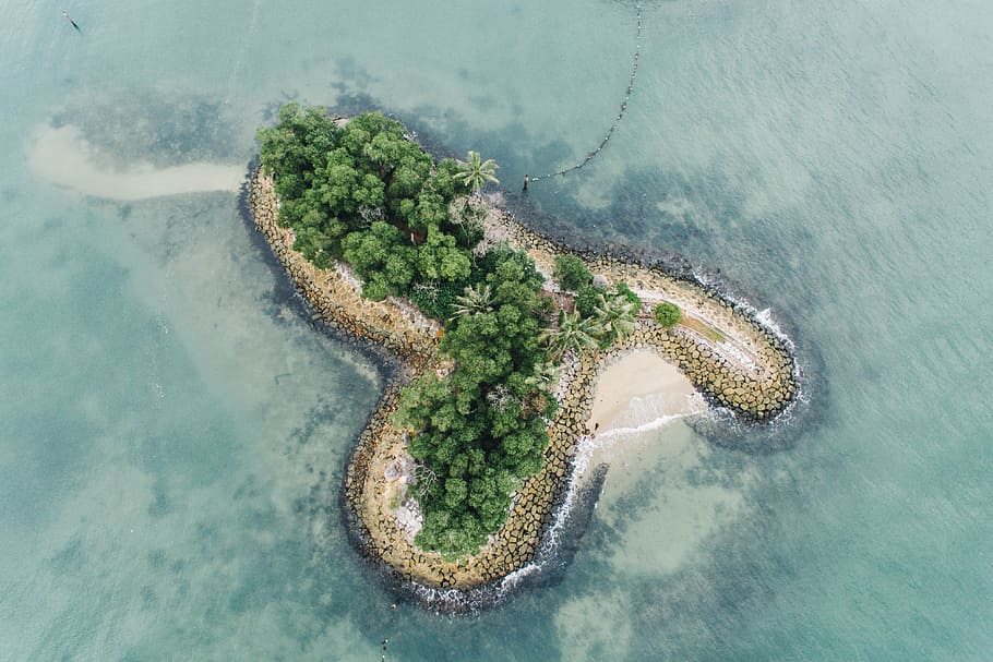 aerial photography of islet, birds eye view of island, dense HD wallpaper