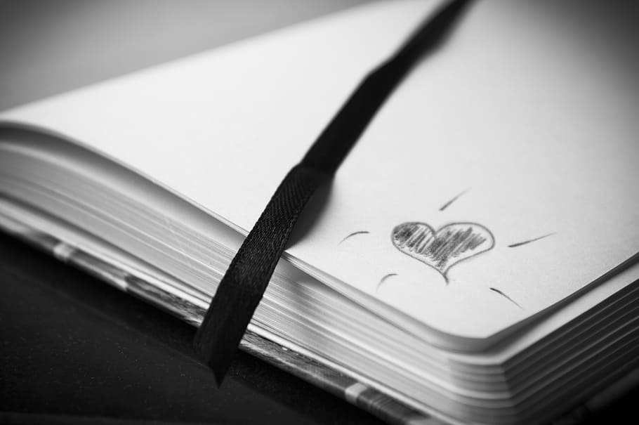heart sketch on corner of bookpage, address book, notebook, notes, HD wallpaper