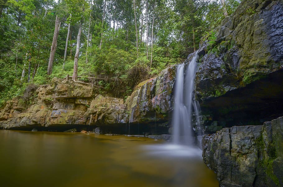 person taking a photo of waterfalls, indonesian, nature, forest HD wallpaper