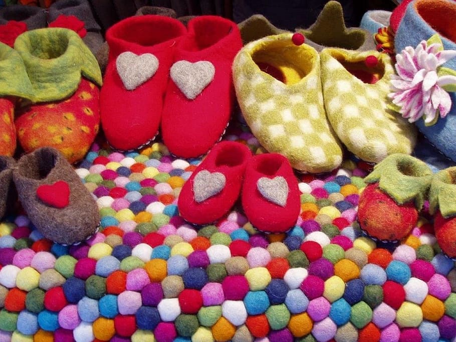 assorted-color of home shoes, felt, felt work, wool, art, multi colored HD wallpaper