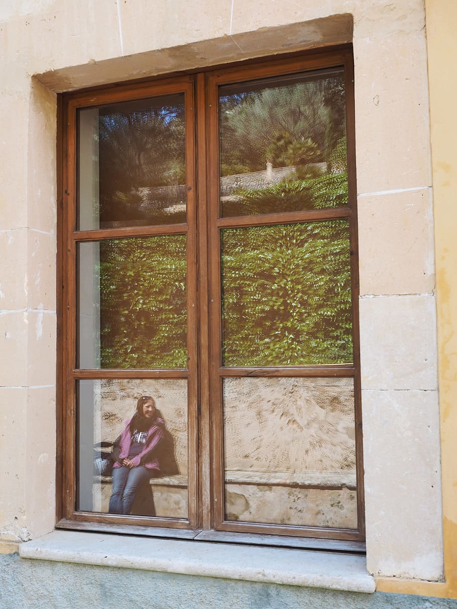 Window, Mirroring, Person, Sit, Bank, rest, recovery, looking through window HD wallpaper