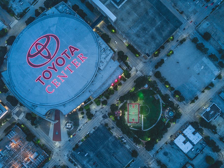 aerial photo of Toyota Center arena, Toyota logo, sport centre