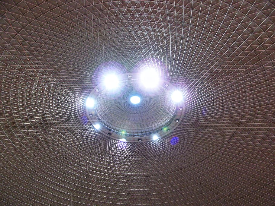 hall, interior, lights, architecture, ceiling, building, metal HD wallpaper