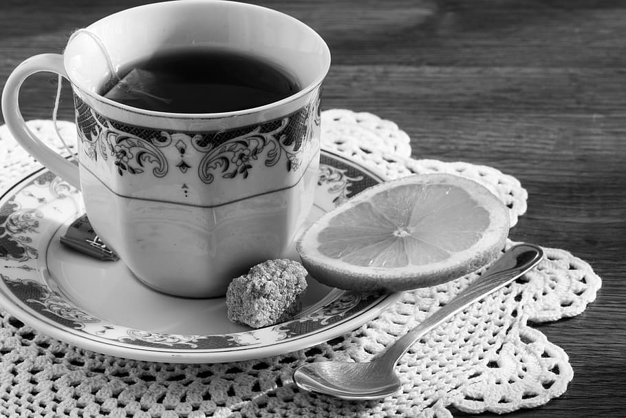 white ceramic mug filled with brown liquid, tea, teacup, lemon HD wallpaper