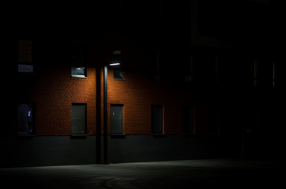 post lamp turned on, dark, night, alley, street, architecture, HD wallpaper