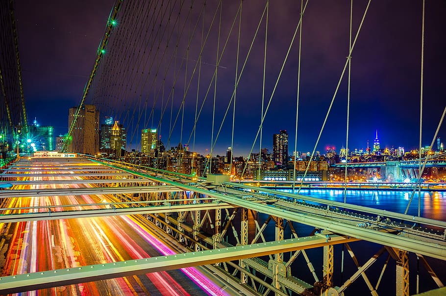 landscape photography of bridge near city, concrete bridge overlooking city view during nighttime, HD wallpaper