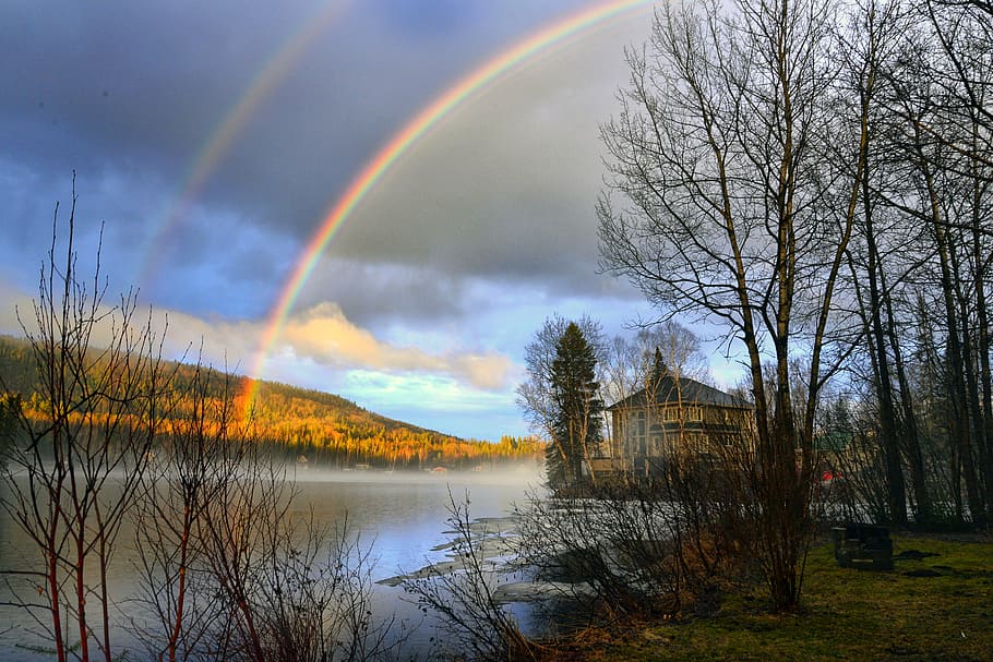 photo of rainbow and house, landscape, lake, ice, trees, mountain HD wallpaper