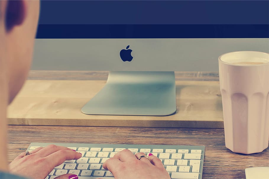 person hand on Apple keyboard, silver, imac, monitor, wireless HD wallpaper