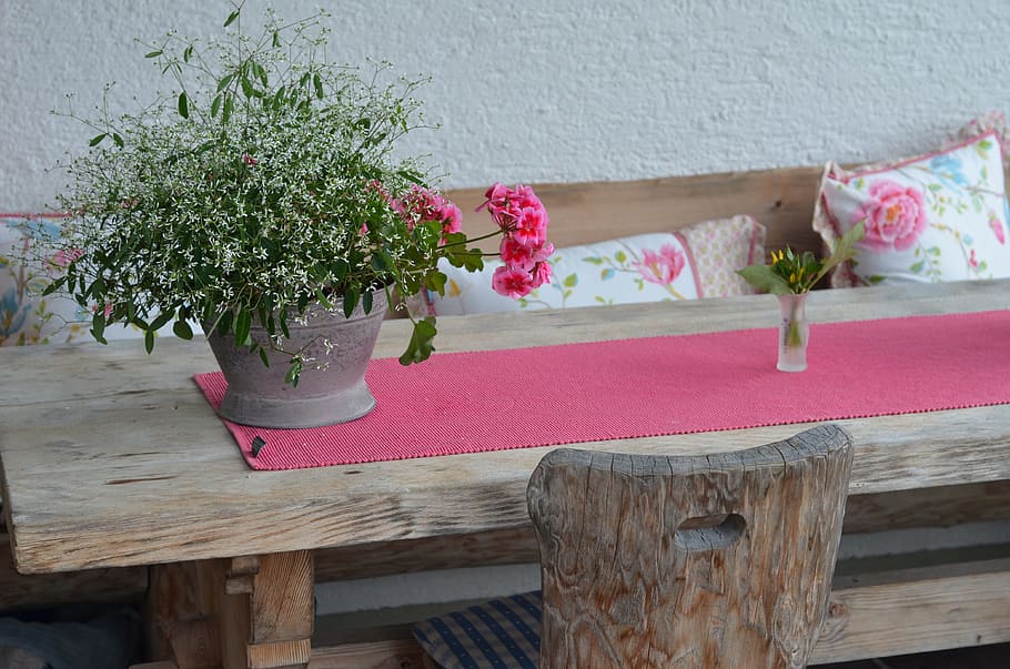 pink flowers with green leaves in gray pot, table, ays side HD wallpaper