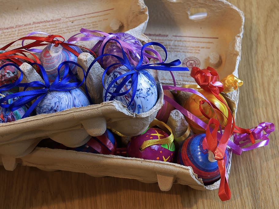 egg carton, close up, colorful, colored eggs, easter, happy easter HD wallpaper