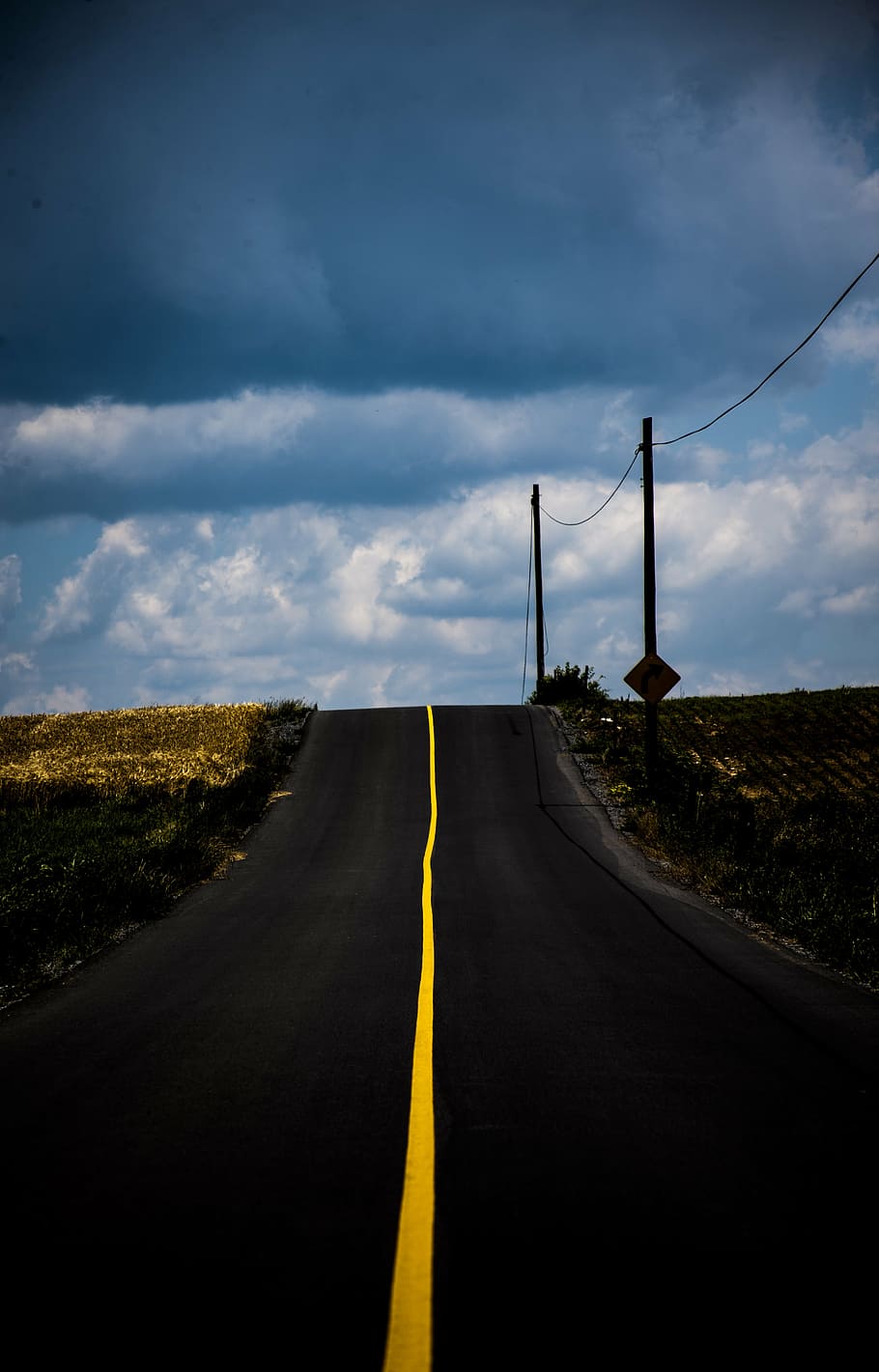 road, line, yellow, cloudy, country, street, telephone lines HD wallpaper