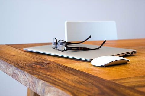 black framed eyeglasses on gray laptop computer, macbook, notebook HD wallpaper