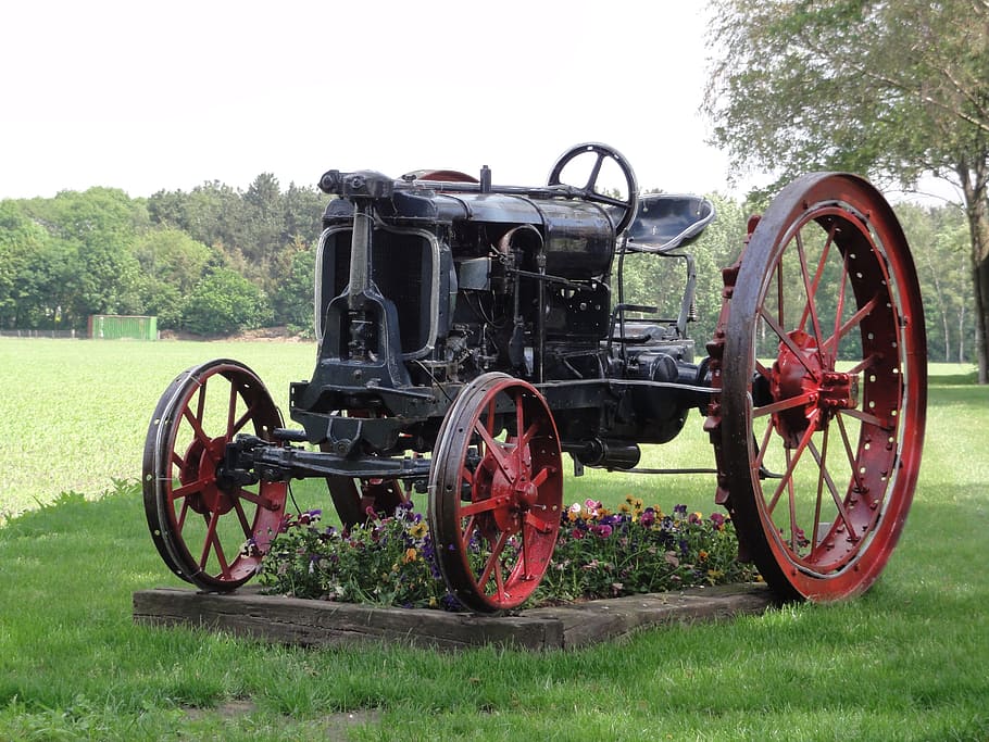 netherlands, tractor, old, antique, landscape, garden, flowers HD wallpaper