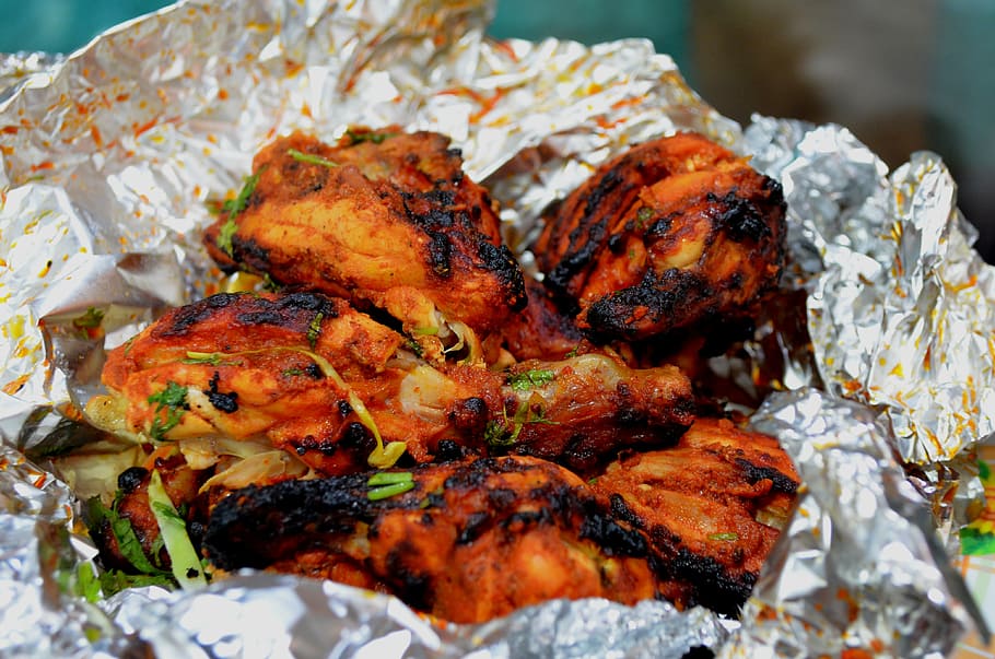 grilled food on foil, chicken, roasted, indian, fast food, bbq, HD wallpaper